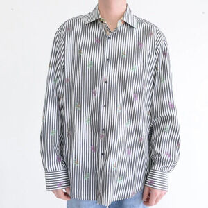 Robert Graham White Navy Striped Embroidered Peacock Button Down  Dress Shirt XL